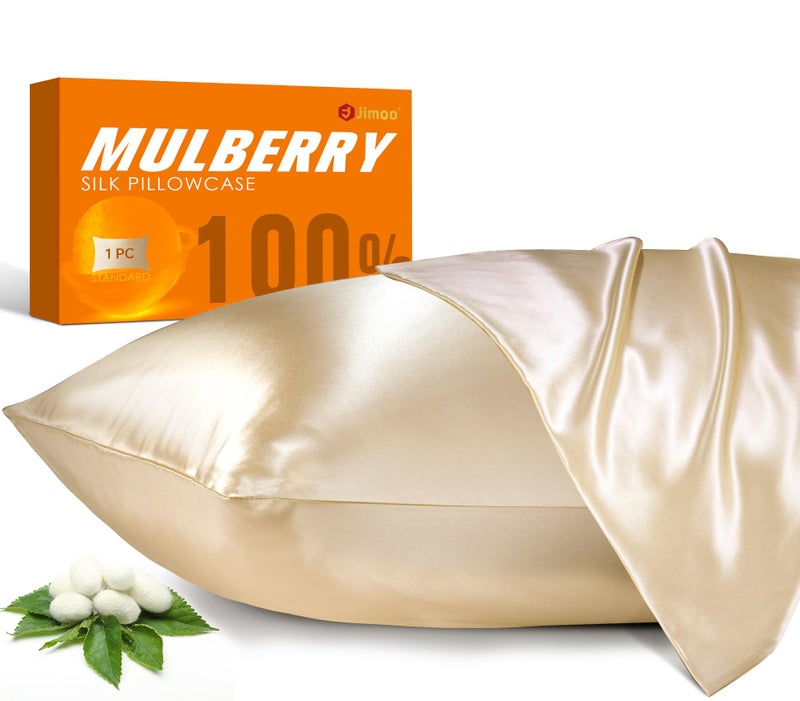 J JIMOO 100% Mulberry Silk Pillowcase for Hair and Skin, 22 Momme Pure Natural Silk Pillow Case Both Sided with Zipper, Pillow Cover for Women Mom Men (Beige, King 20''Ã—36'', 1 Pack) - Image 1